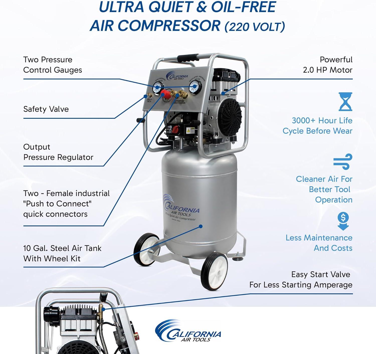 image:imageCalifornia Air Tools 10020C 20 HP Ultra Quiet and OilFree Air Compressor 10 Gallon Steel Tank with Wheels 70 dBA Noise LevelSteel Tank 220v
