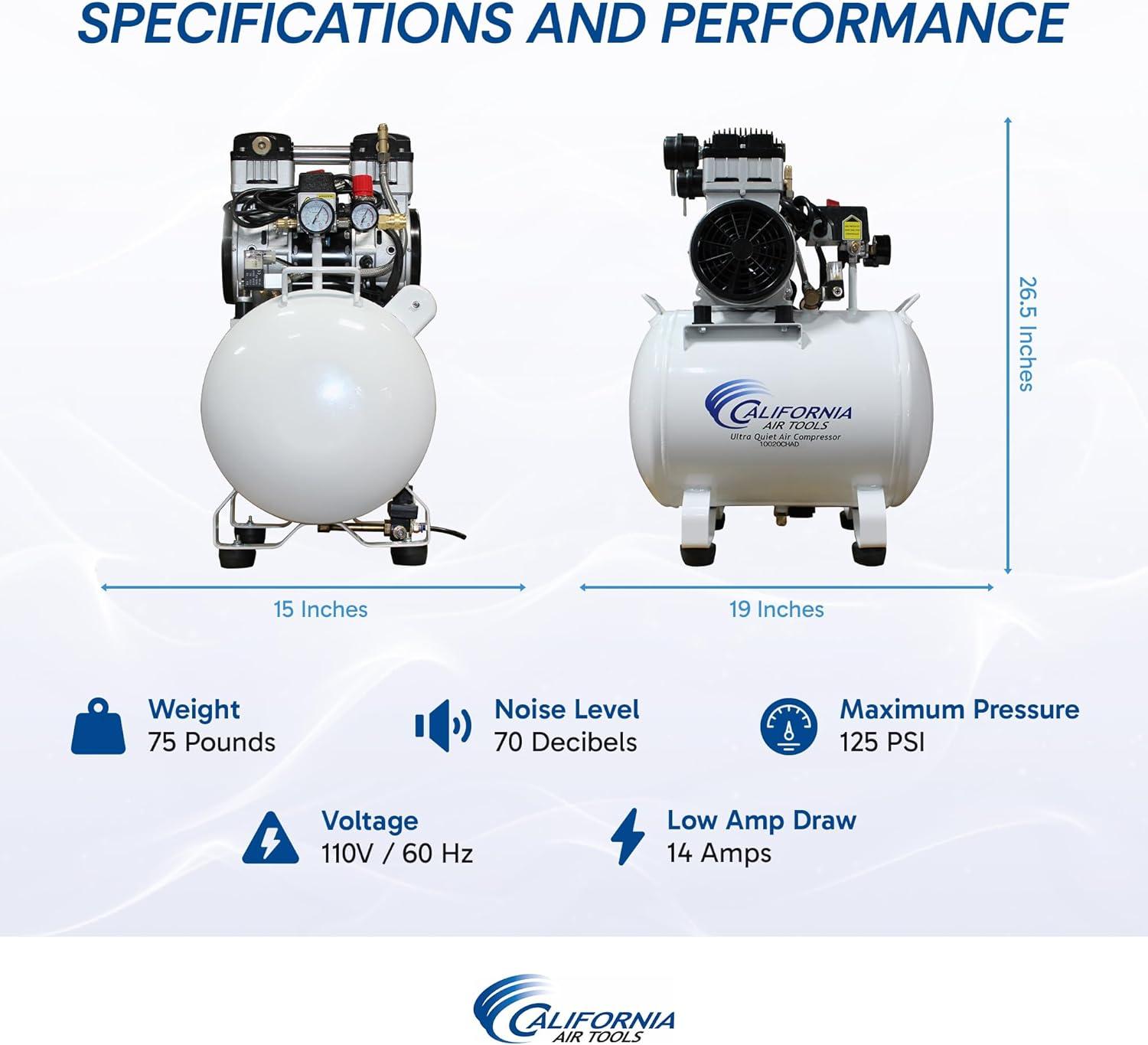 image:imageCalifornia Air Tools 10020CHAD 20 HP Ultra Quiet OilFree Air Compressor 10 Gallon Tank Capacity 70 dB Noise Level Electric Portable with Automatic Drain ValveSteel Tank 110v wAuto Drain