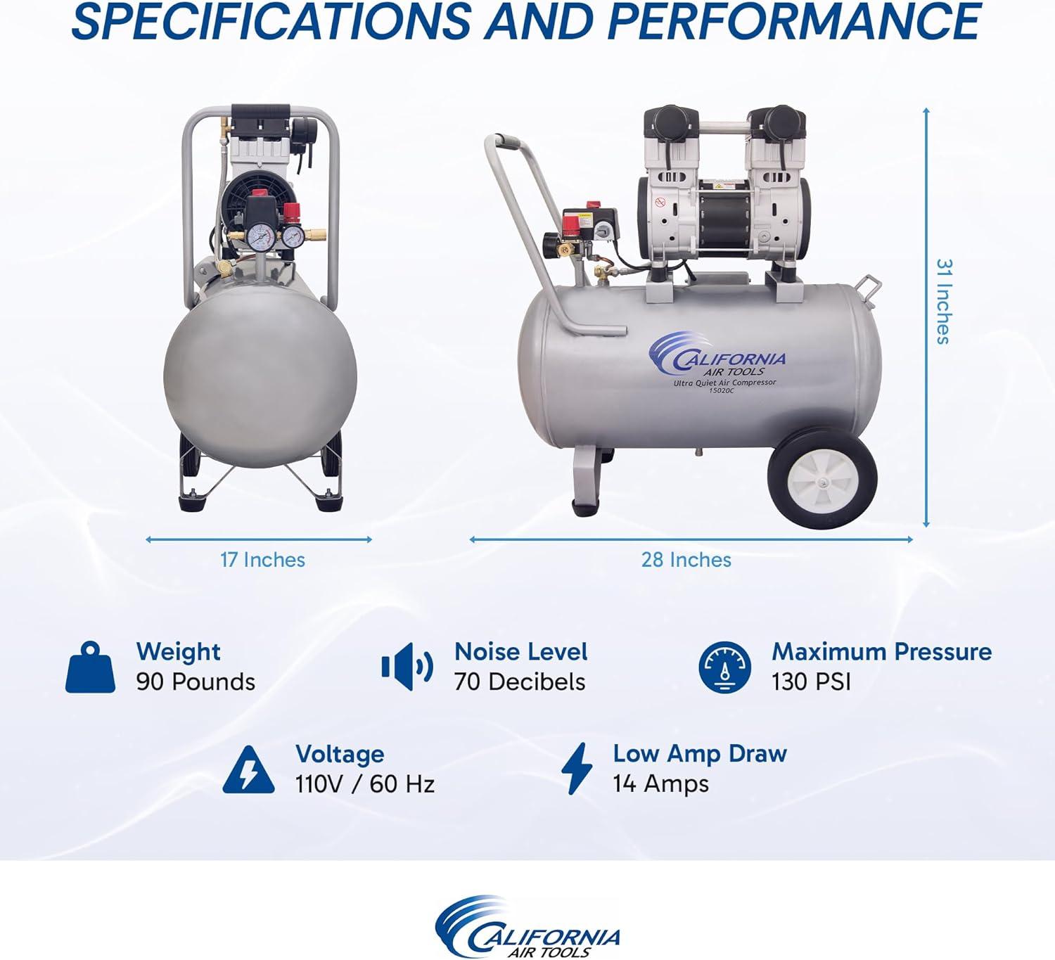 image:imageCalifornia Air Tools 15020C Powerful 20 HP Ultra Quiet and OilFree Air Compressor with Wheels 15 Gallon Tank Capacity 70 dB Noise Level Electric PortableAir Compressor
