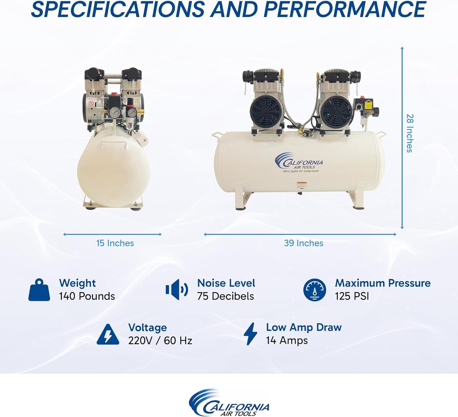 image:imageCalifornia Air Tools 20040C Powerful 40 HP Ultra Quiet and OilFree Air Compressor 20 Gallon Tank 75 dB Noise Level White 220v 60hz4 Hp