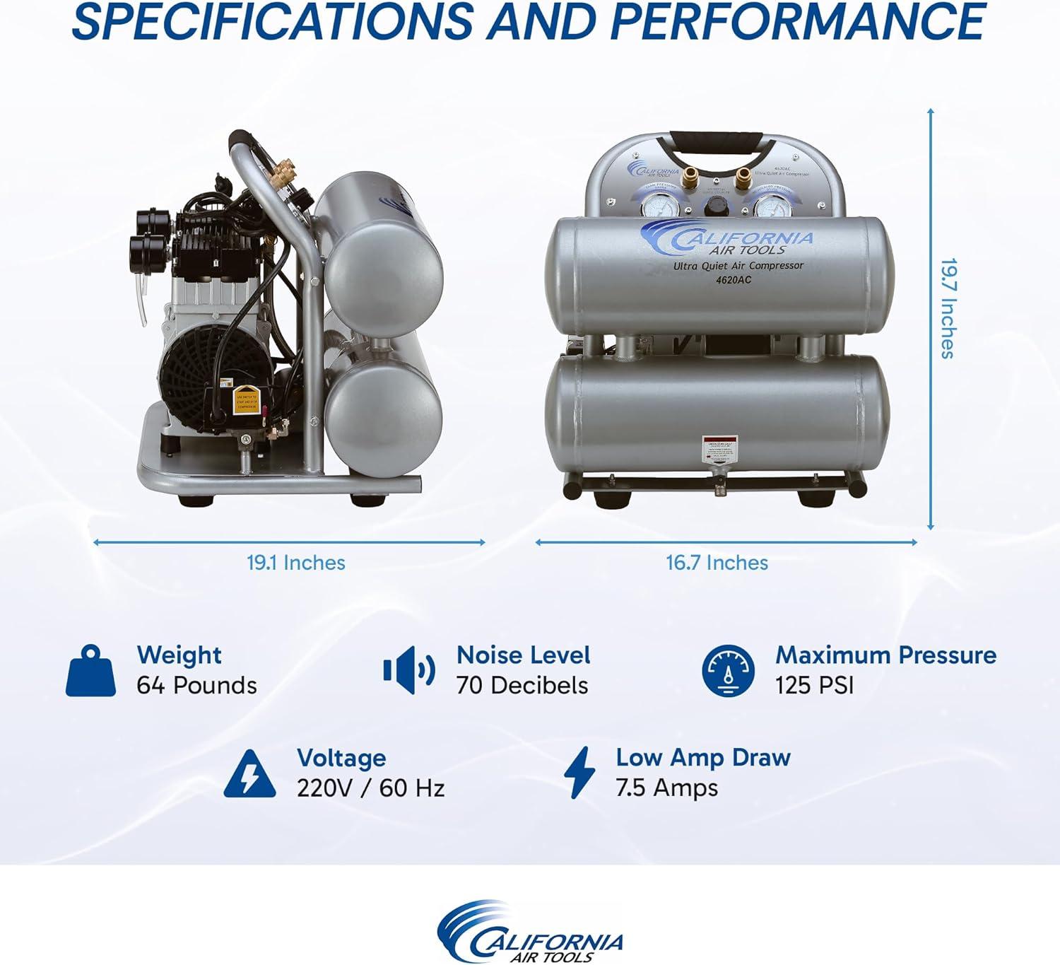 image:imageCalifornia Air Tools 4620AC Powerful 20 HP Ultra Quiet and OilFree Air Compressor 46 Gallon Tank Capacity 70 dB Noise Level Electric Portable 110v 60hz SilverAluminum Tank 220v