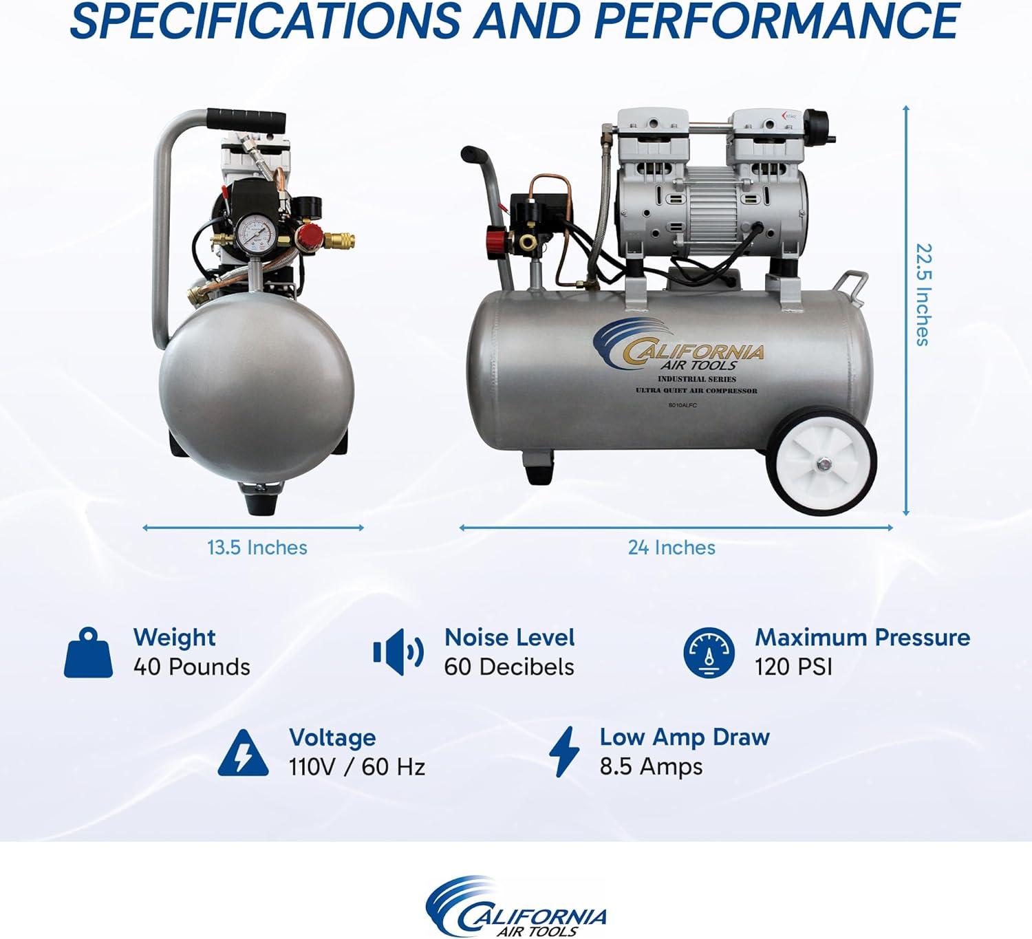image:imageCalifornia Air Tools 8010ALFC 10 HP Ultra Quiet and OilFree Air Compressor 8 Gallon Aluminum Tank Lightweight with Wheels 60 dBA Noise Level Industrial Series8 Gallon