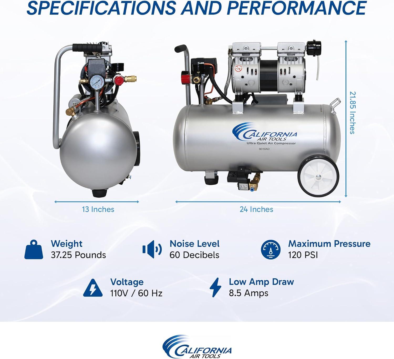 image:imageCalifornia Air Tools 8010ALFC 10 HP Ultra Quiet and OilFree Air Compressor 8 Gallon Aluminum Tank Lightweight with Wheels 60 dBA Noise Level Industrial Series8 Gallon