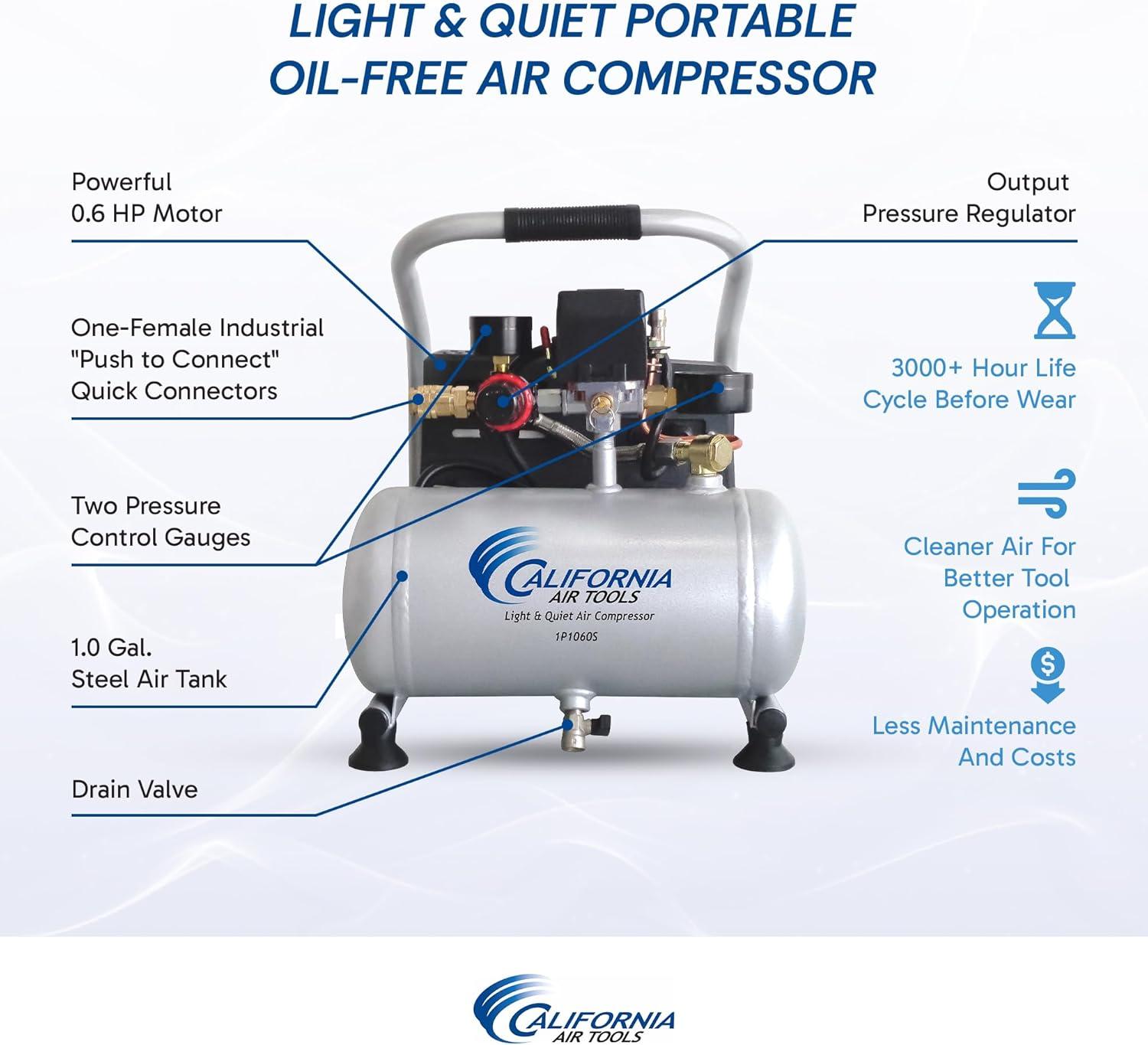 image:imageCalifornia Air Tools CAT1P1060SP Light amp Quiet Portable Air Compressor Lightweight Ultra Quiet OilFree 1 Gallon Steel Tank 6 HP 56 dBA Noise LevelSilver