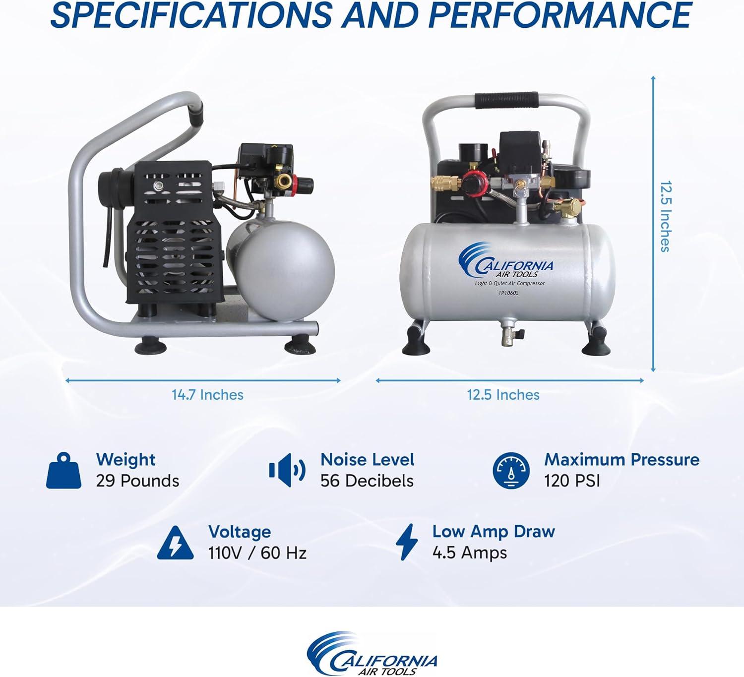 image:imageCalifornia Air Tools CAT1P1060SP Light amp Quiet Portable Air Compressor Lightweight Ultra Quiet OilFree 1 Gallon Steel Tank 6 HP 56 dBA Noise LevelSilver