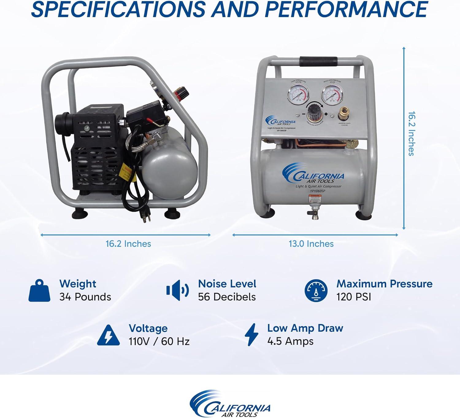 image:imageCalifornia Air Tools CAT1P1060SP Light amp Quiet Portable Air Compressor Lightweight Ultra Quiet OilFree 1 Gallon Steel Tank 6 HP 56 dBA Noise LevelSilver