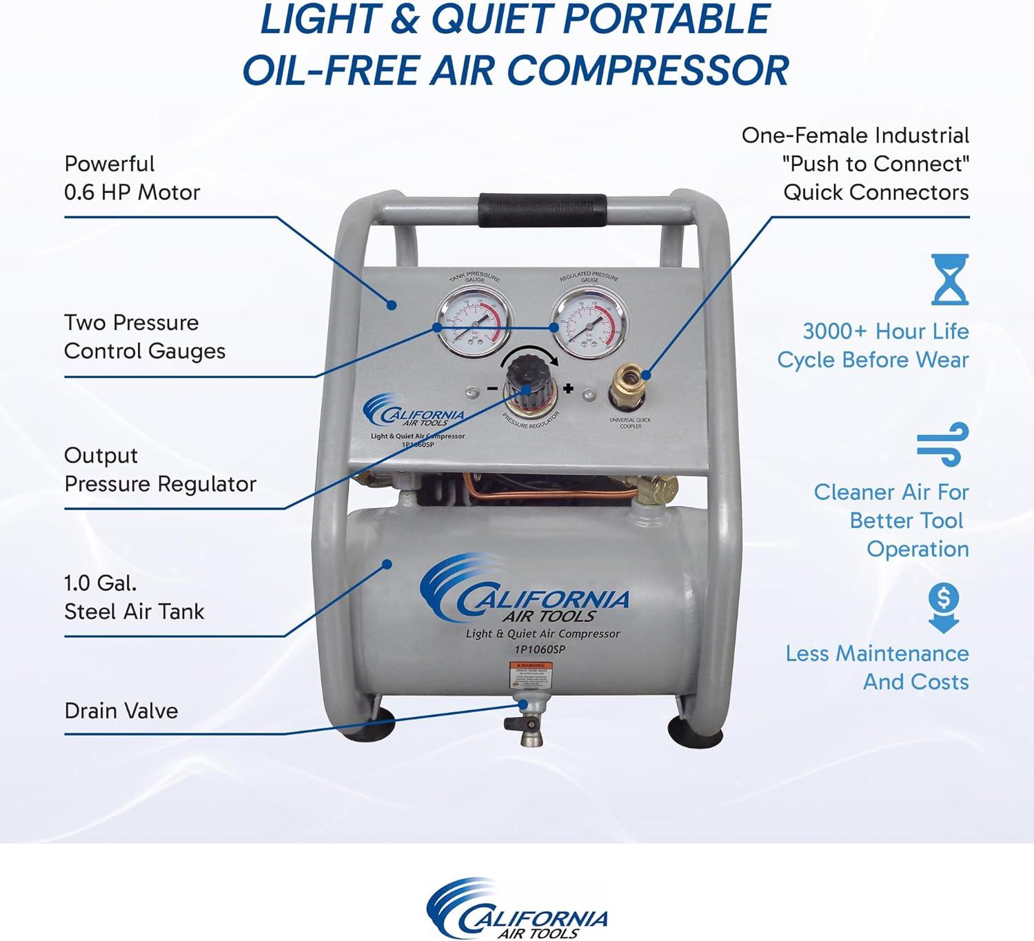 image:imageCalifornia Air Tools CAT1P1060SP Light amp Quiet Portable Air Compressor Lightweight Ultra Quiet OilFree 1 Gallon Steel Tank 6 HP 56 dBA Noise LevelSilver