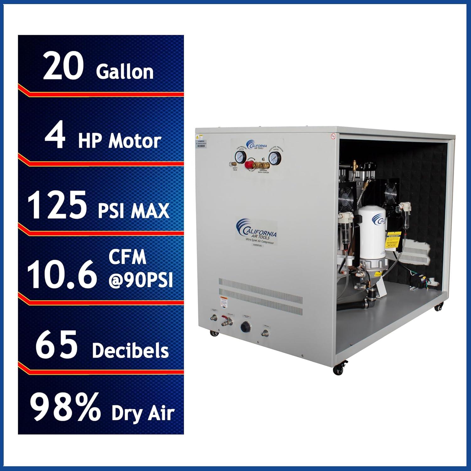 image:imageCalifornia Air Tools 20040DSPCAD 40 HP Ultra Quiet and OilFree Air Compressor 20 Gallon Tank 65 dB Noise Level with 80 Air Drying System and Automatic Drain in Soundproof Cabinet 220V 60HzCabinet 98 Dry Air wAuto Drain