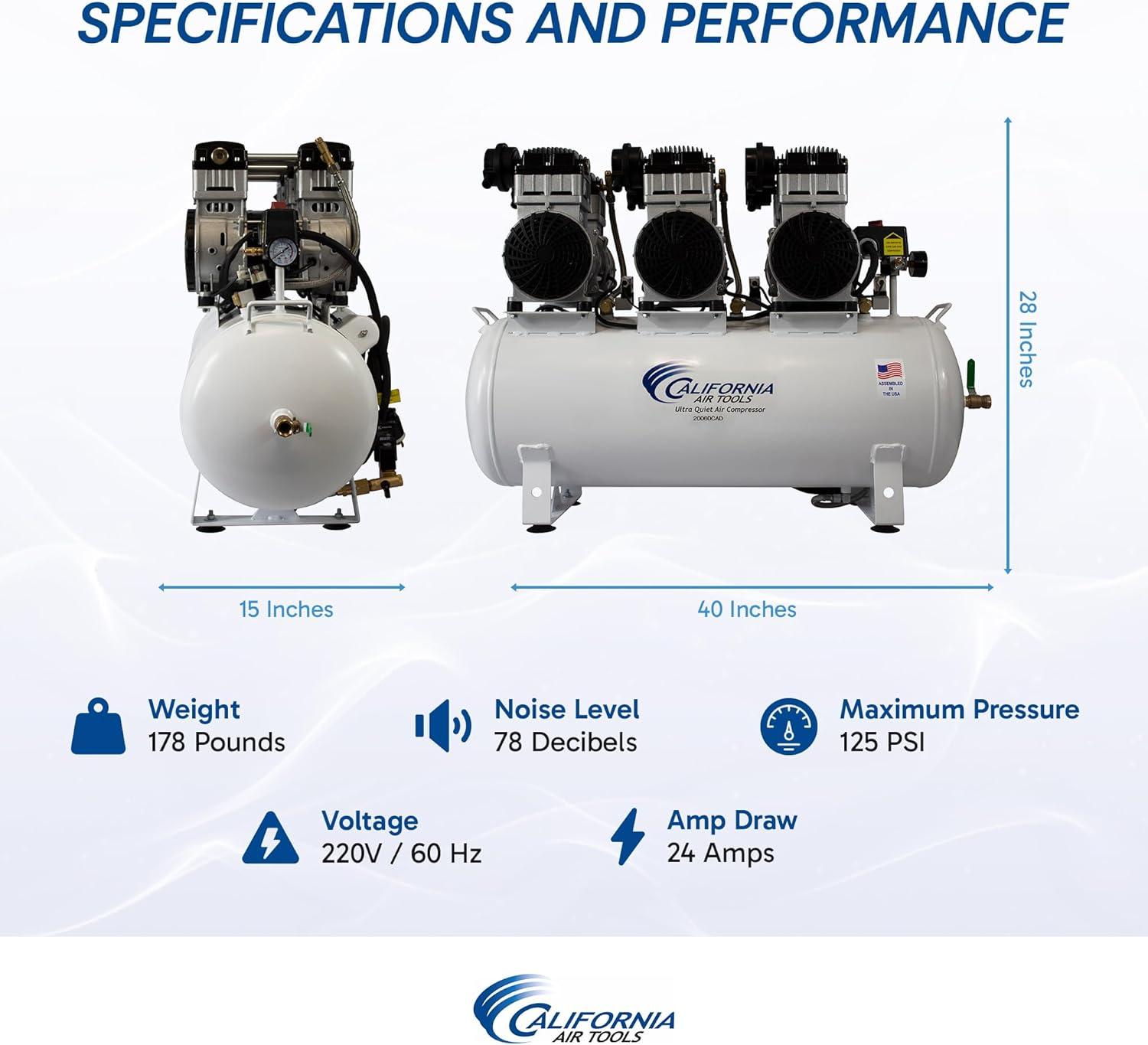 image:imageCalifornia Air Tools 20060DCC Powerful 60 HP Ultra Quiet and OilFree Air Compressor 20 Gallon Tank 78 dB Noise Level with 98 Air Drying System 220V 60Hz Off White6 Hp Auto Drain