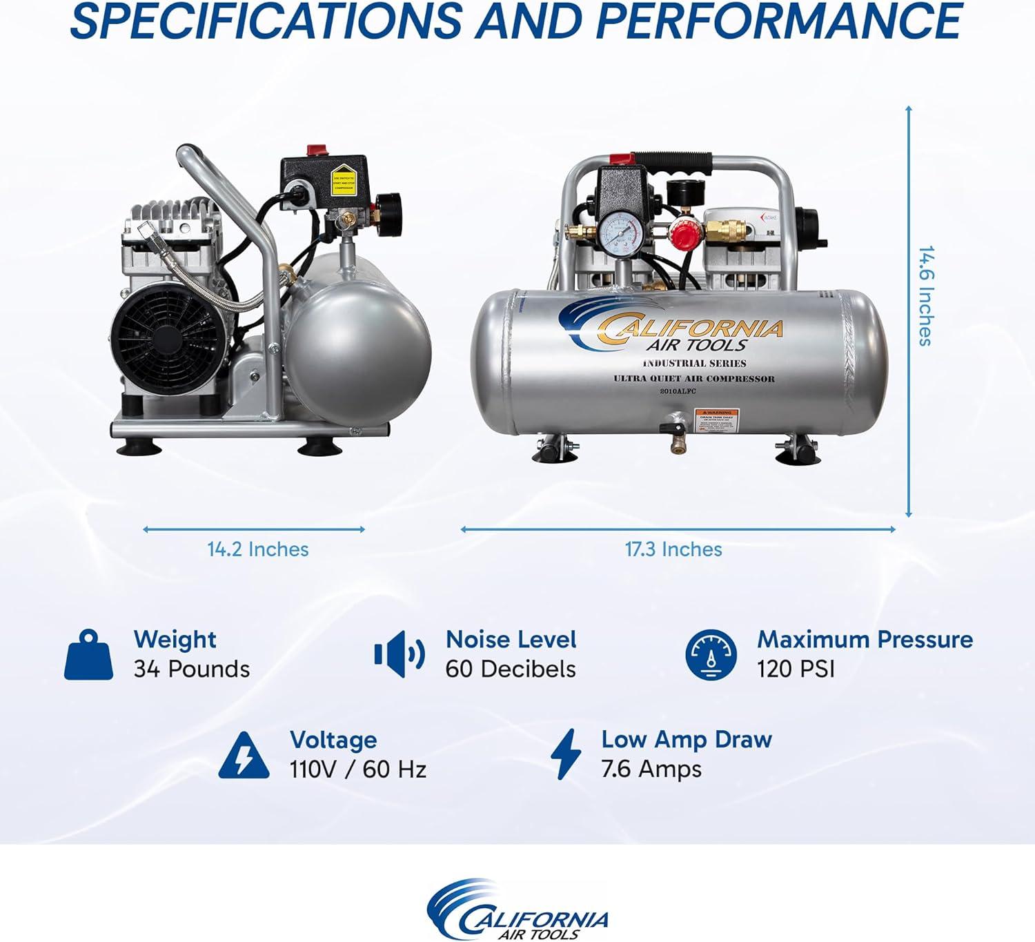 image:imageCalifornia Air Tools 2010ALFC 10 HP Ultra Quiet and OilFree Air Compressor 2 Gallon Aluminum Tank 60 dBA Noise Level Industrial SeriesAluminum Tank wLong Life Motor