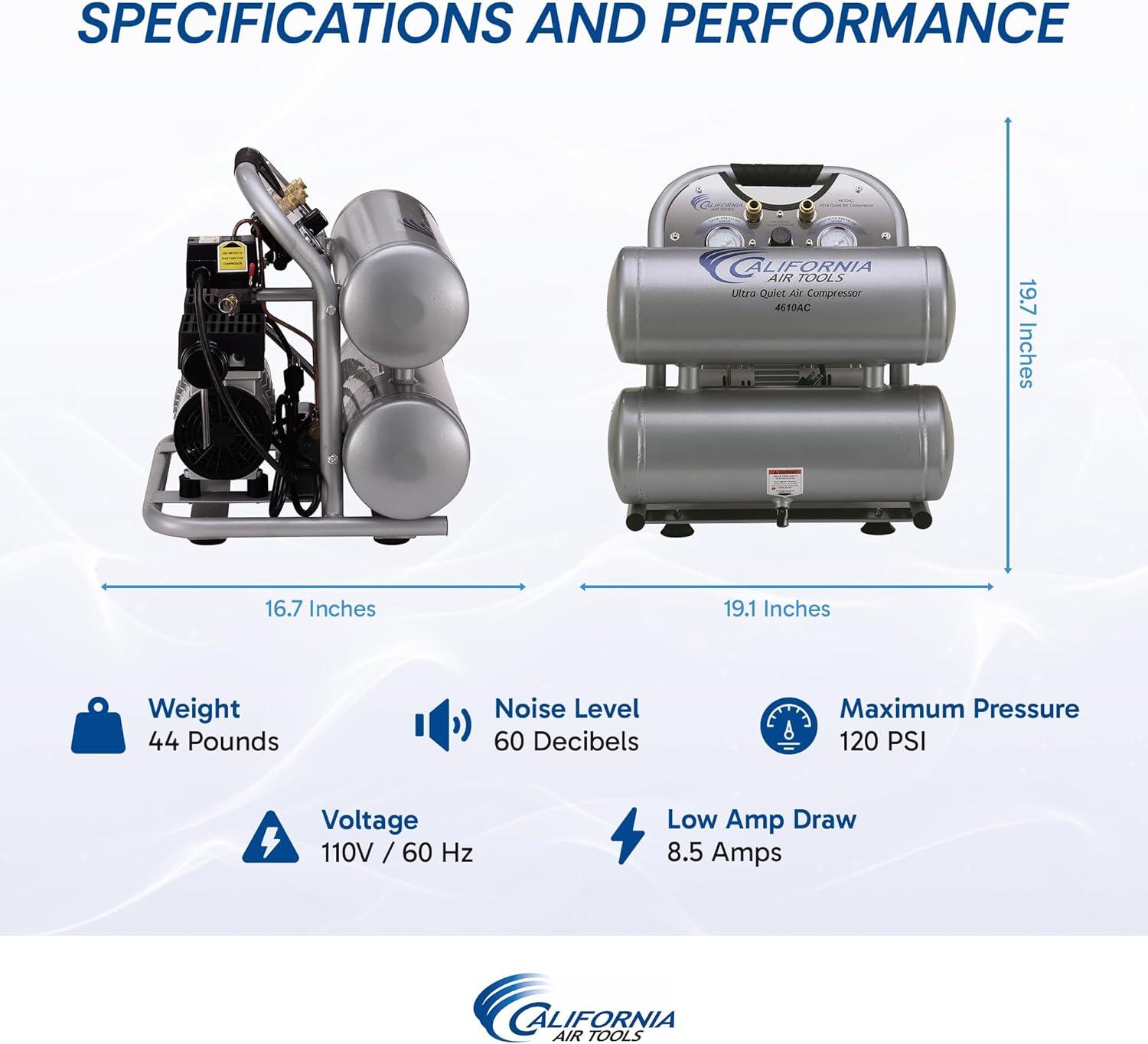 image:imageCalifornia Air Tools 4610ALFC 10 HP Ultra Quiet and OilFree Air Compressor 46 Gallon Aluminum Twin Tank 60 dBA Noise Level Lightweight Portable Industrial Series SilverAluminum Tank