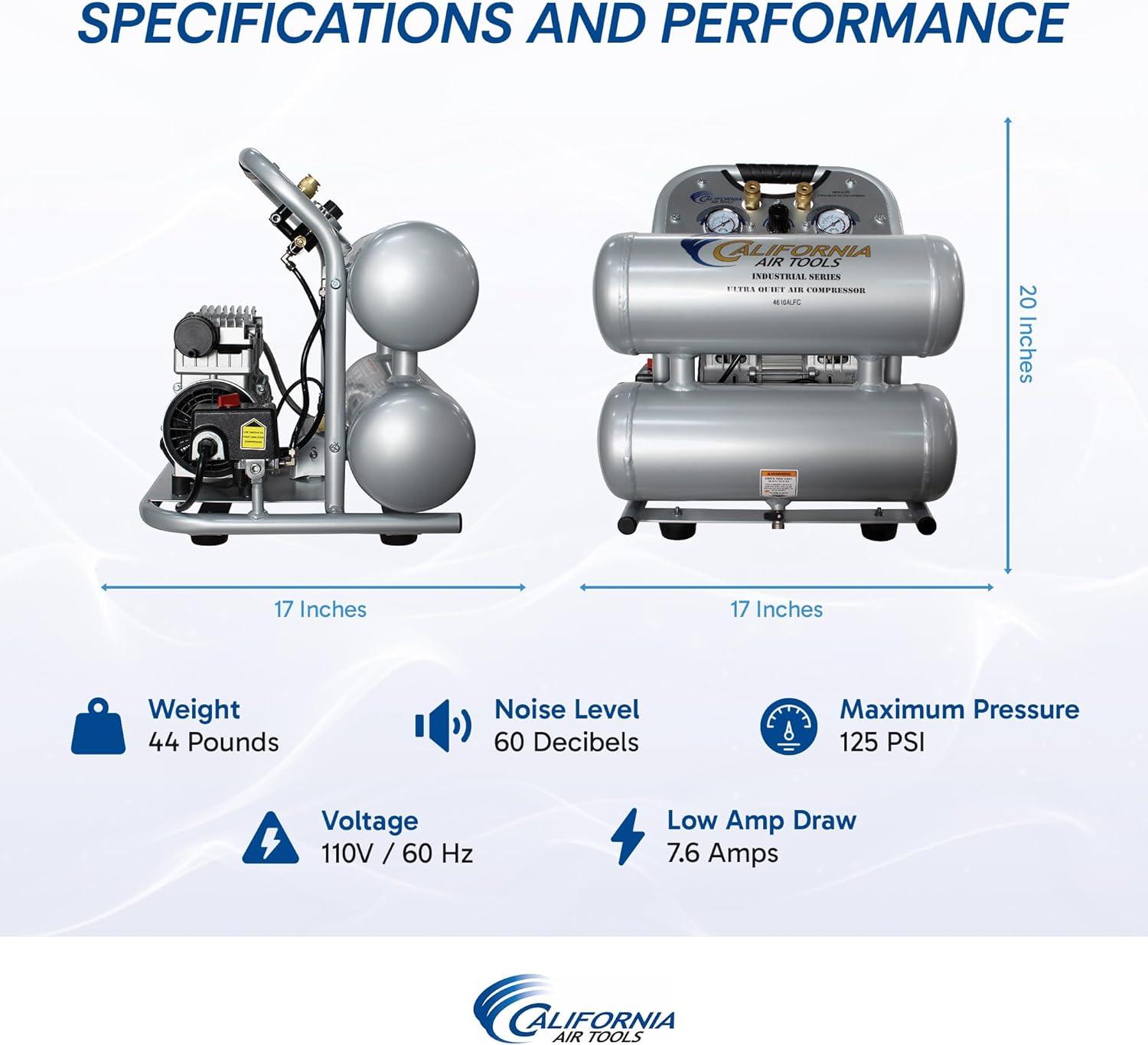 image:imageCalifornia Air Tools 4610ALFC 10 HP Ultra Quiet and OilFree Air Compressor 46 Gallon Aluminum Twin Tank 60 dBA Noise Level Lightweight Portable Industrial Series SilverAluminum Tank wLong Life Motor