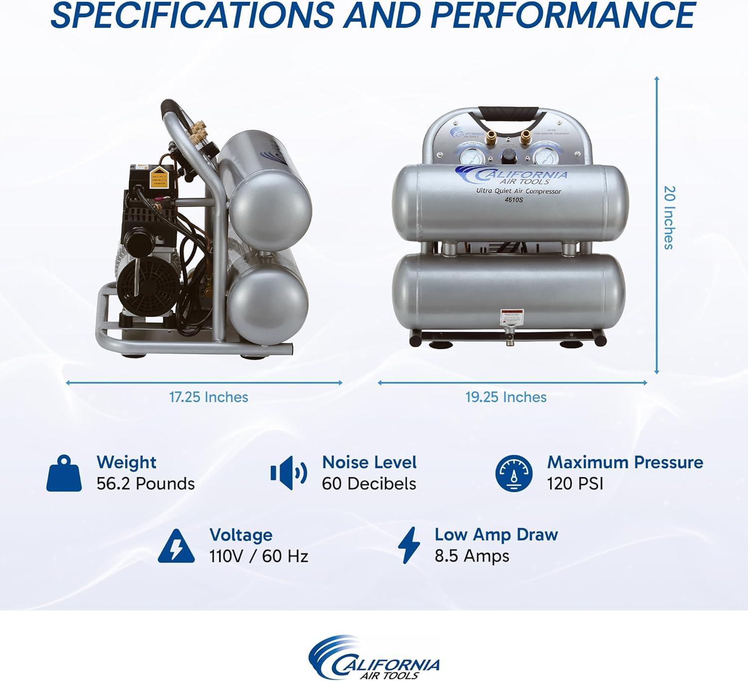 image:imageCalifornia Air Tools 4610ALFC 10 HP Ultra Quiet and OilFree Air Compressor 46 Gallon Aluminum Twin Tank 60 dBA Noise Level Lightweight Portable Industrial Series SilverSteel Tank