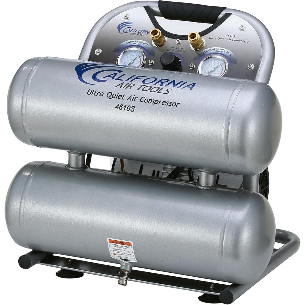 image:imageCalifornia Air Tools 4610ALFC 10 HP Ultra Quiet and OilFree Air Compressor 46 Gallon Aluminum Twin Tank 60 dBA Noise Level Lightweight Portable Industrial Series SilverSteel Tank