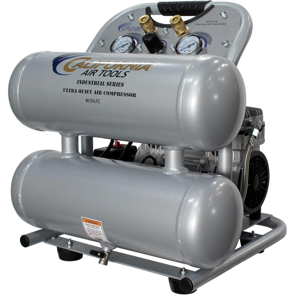 image:imageCalifornia Air Tools 4610ALFC 10 HP Ultra Quiet and OilFree Air Compressor 46 Gallon Aluminum Twin Tank 60 dBA Noise Level Lightweight Portable Industrial Series SilverAluminum Tank wLong Life Motor
