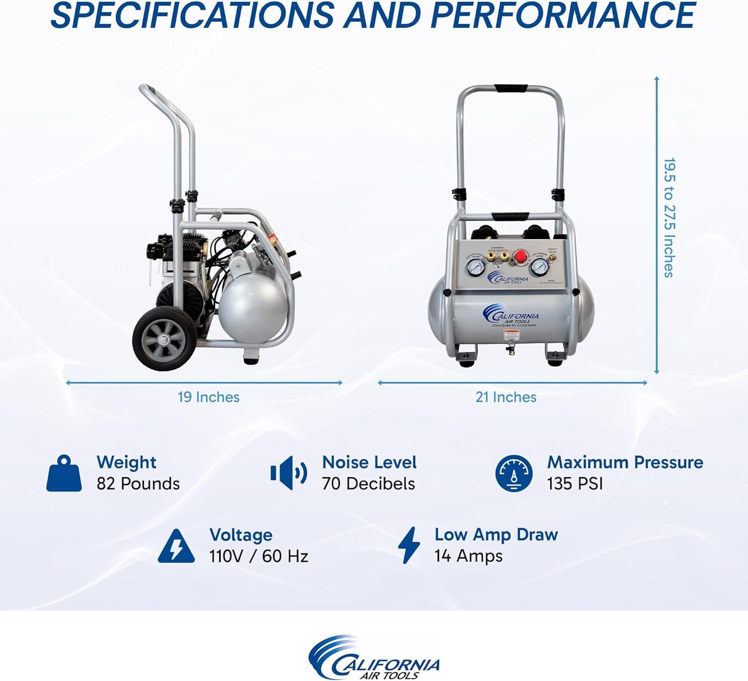 image:imageCalifornia Air Tools 5020W Powerful 20 HP Ultra Quiet and OilFree Air Compressor with Wheels and Telescope Handle 5 Gallon Tank Capacity 70 dB Noise Level Electric Portable