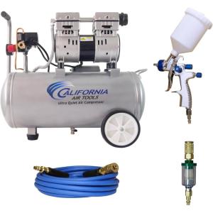 California Air Tools 8010 PK 1.0 HP Ultra Quiet and Oil-Free Air Compressor and LVLP Spray Painting Kit, 8 Gallon Steel Tank, Lightweight with Wheels, 60 dBA Noise Level